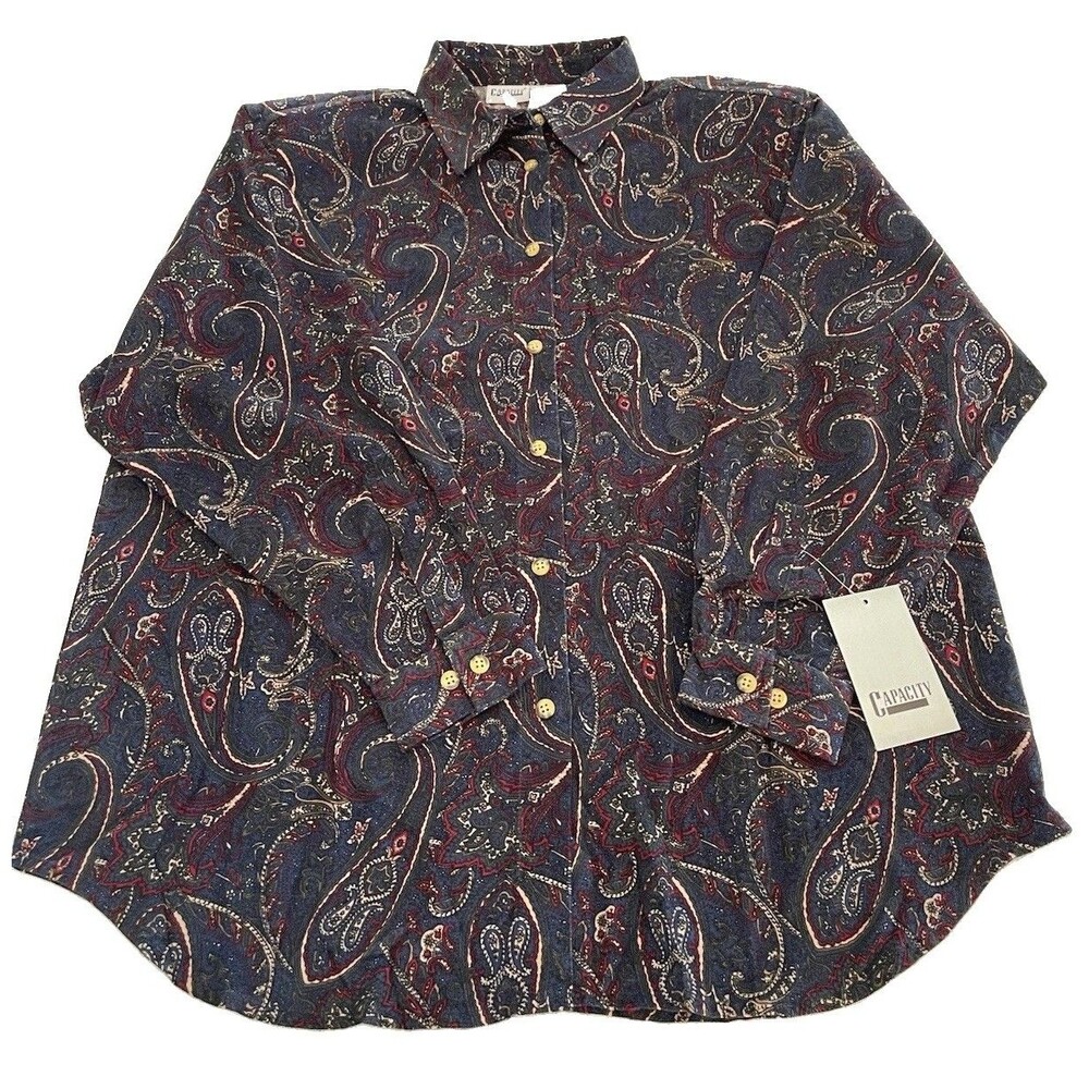 Capacity Corduroy Blue Paisley LS Shirt 100% Cotton Ladies XL NWT